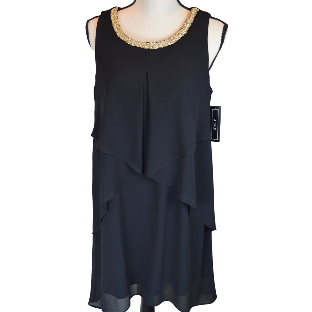 A. Byer Black ‘Champagne Wishes’ Tiered Layer Cocktail Dress, Braided Gold Neck